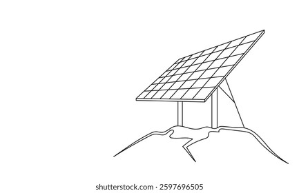 Continuous line banner, solar panel. Renewable energy concept. Electricity. Linear hand drawn vector illustration