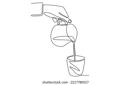 continuous line of barista making coffee, pouring milk or hot water into a cup