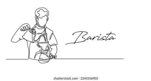 línea continua de baristas. dibujo en línea del hombre haciendo café. un trabajo en una cafetería haciendo café para los clientes.