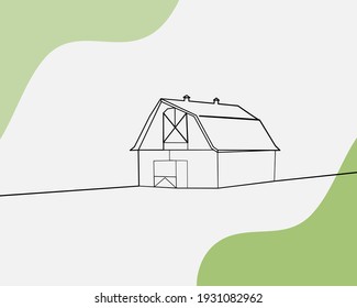 Continuous line, Barn on a farm. Drawing of set Country. (Vector illustration one line drawing)