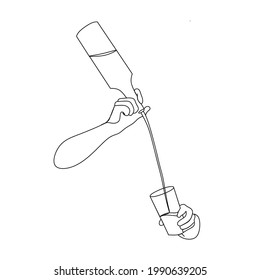 Continuous line of bartender pours alcohol from bottle into glass. Bartender's hand minimalist drawing. Vector 