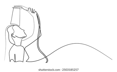 continuous line of bathing woman.one line drawing of bathing woman using beauty products.single line vector illustration.isolated white background