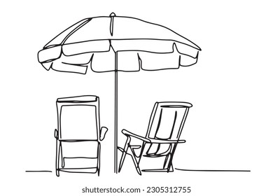 continuous line beach chair beach umbrella travel summer seaside hand drawn illustration day line vector