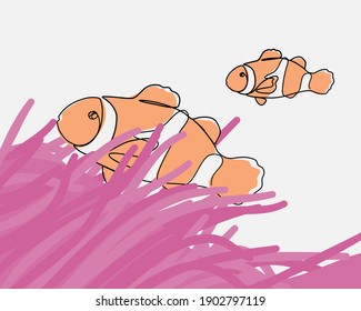 Continuous line, Beautiful clown fish nemo in the sea anemone. Drawing of set Ocean. (Vector illustration one line drawing)