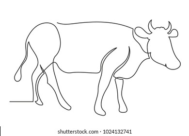 continuous line A beautiful cow is standing. Drawing black thin line on white background