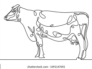 continuous line A beautiful cow is standing. white background