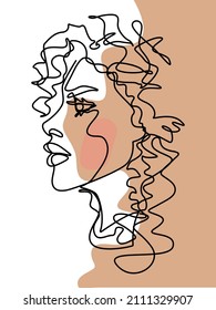 continuous line beautiful haired woman curly hair