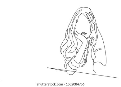 Continuous line beautiful woman using thought sad sad simple design style hand drawn vector illustration