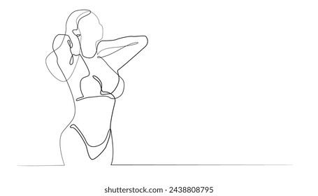 continuous line of beautiful woman's hand in bikini.beautiful curvy woman's body in bikini drawn in one line.isolated white background
