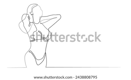 continuous line of beautiful woman's hand in bikini.beautiful curvy woman's body in bikini drawn in one line.isolated white background