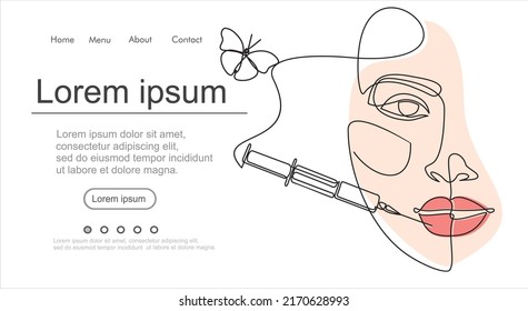Continuous line beauty surgery concept. One line female portrait. One line syringe, lip filters. Can used for logo, emblem, slide show and banner. Illustration with quote template. 