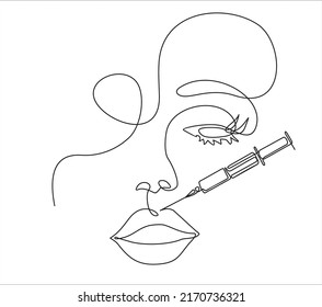 Continuous line beauty surgery concept. One line female portrait. One line syringe, lip filters