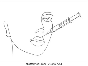 Continuous line beauty surgery concept. One line female portrait. One line syringe, lip filters