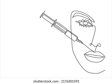 Continuous line beauty surgery concept. One line female portrait. One line syringe, lip filters