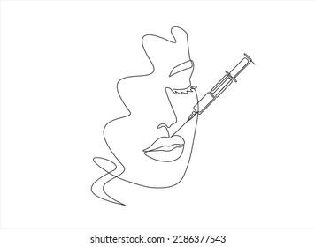 Continuous line beauty surgery concept. One line female portrait. One line syringe, lip filters