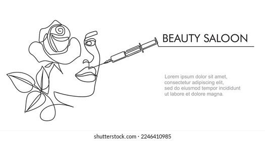 Continuous line beauty surgery concept. One line female portrait. One line syringe, lip filters, Beauty saloon.