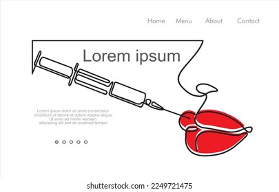 Continuous line beauty surgery concept. One line female portrait. One line syringe, lip filters