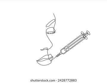 Continuous line beauty surgery concept. One line female portrait. One line syringe, lip filters	