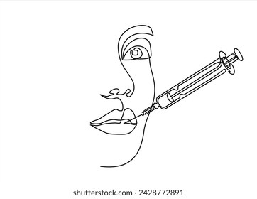 Continuous line beauty surgery concept. One line female portrait. One line syringe, lip filters	