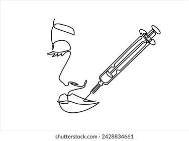 Continuous line beauty surgery concept. One line female portrait. One line syringe, lip filters	