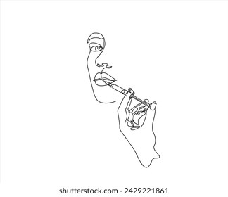 Continuous line beauty surgery concept. One line female portrait. One line syringe, lip filters	