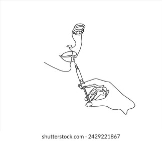 Continuous line beauty surgery concept. One line female portrait. One line syringe, lip filters	