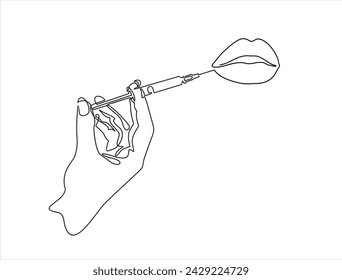 Continuous line beauty surgery concept. One line female lips and syringe, lip filters	