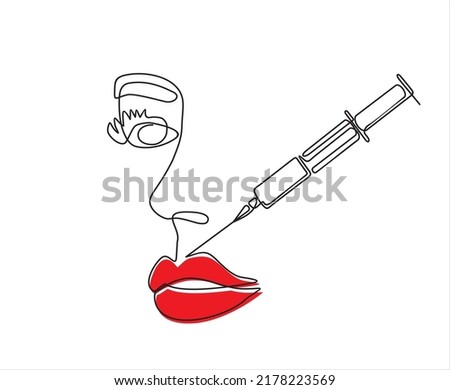 Continuous line beauty surgery concept. One line female portrait. One line syringe, lip filters