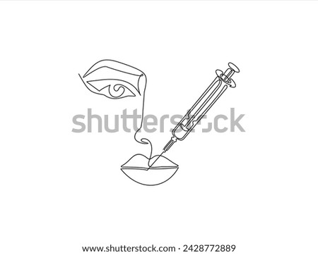 Continuous line beauty surgery concept. One line female portrait. One line syringe, lip filters	