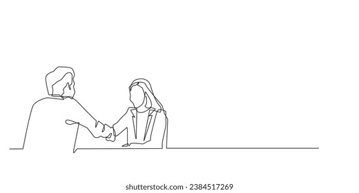 continuous line of being accepted for work.single line of a person being accepted at a new company.shaking hands saying welcome to join.isolated white background