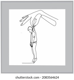 
continuous line big hand holding small sadness, isolated on white background, big hand pulling boy