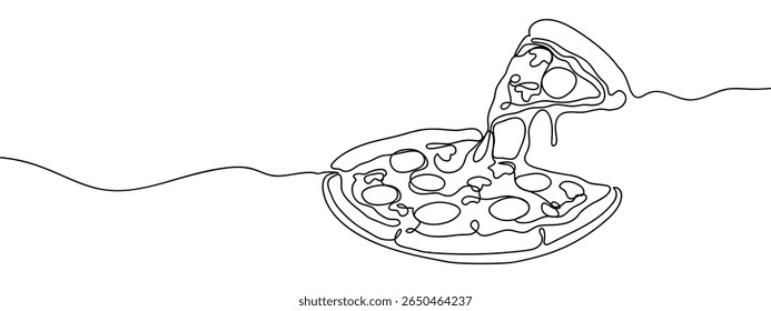 Continuous line, big pizza with stretchy cheese and pepperoni, food illustration Minimal hand drawn line vector cut out background.