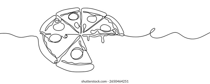 Continuous line, big pizza with stretchy cheese and pepperoni, food illustration Minimal hand drawn line vector cut out background.
