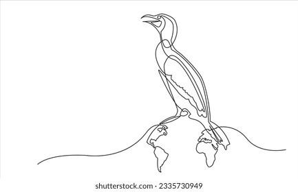 Continuous line bird drawing sitting on earth .white background for decorative element.Doodle vector illustration Line art, outline.
