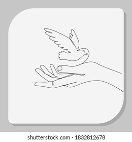 Continuous line, Bird in hands. Drawing of set Give. (Vector illustration one line drawing)