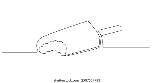 continuous line of bitten ice cream.one line drawing of ice cream with a bitten wooden stick.single line vector illustration.editable stroke.isolated white background