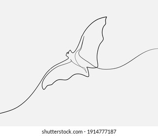 Continuous line, Black bat flying. Drawing of set Animals. (Vector illustration one line drawing)