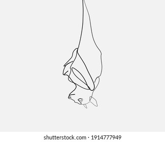 Continuous line, Black bat hanging. Drawing of set Animals. (Vector illustration one line drawing)