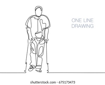 continuous line black and white drawing in minimalistic style, elderly man walking with help of crutches, vector illustration