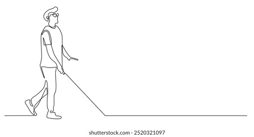 durchgehende Linie des blinden Mannes, der mit Stock geht.eine Linie Zeichnung des blinden Mannes, der geht.einzelne Linie, Vektorgrafik.isolierter weißer Hintergrund