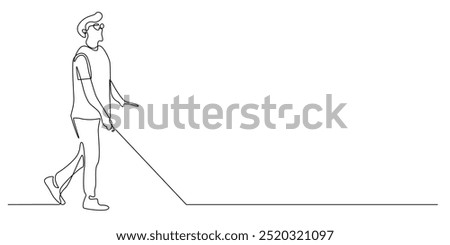 continuous line of blind man walking with stick.one line drawing of blind man walking.single line vector illustration.isolated white background