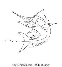Continuous line of blue marlin fish swordfish jumping from underwater aquatic marine sea ocean animal fishing logo icon sketch drawing editable stroke vector illustration