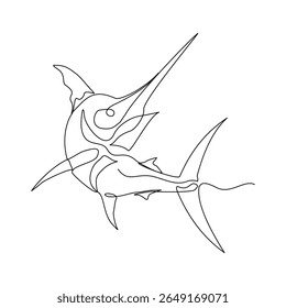 Continuous line of blue marlin fish swordfish jumping from underwater aquatic marine sea ocean animal fishing logo icon sketch drawing editable stroke vector illustration