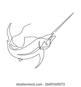 Continuous line of blue marlin fish swordfish jumping from underwater aquatic marine sea ocean animal fishing logo icon sketch drawing editable stroke vector illustration