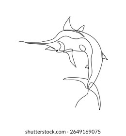 Continuous line of blue marlin fish swordfish jumping from underwater aquatic marine sea ocean animal fishing logo icon sketch drawing editable stroke vector illustration