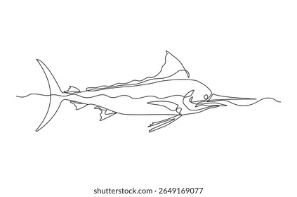 Continuous line of blue marlin fish swordfish jumping from underwater aquatic marine sea ocean animal fishing logo icon sketch drawing editable stroke vector illustration
