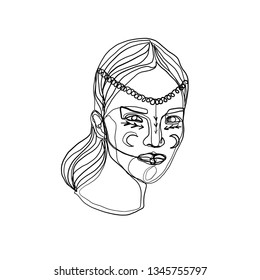 Continuous line of a boho woman. Portrait of a young ethnic girl or woman with esoteric symbols. One line drawing isolated on white background. 