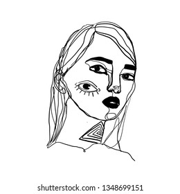 Continuous line of a boho woman. Portrait of a young ethnic girl or woman with esoteric symbols. One line drawing isolated on white background. 