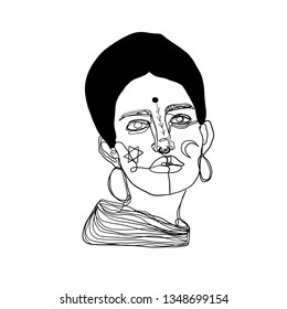 Continuous line of a boho woman. Portrait of a young ethnic girl or woman with esoteric symbols. One line drawing isolated on white background. 