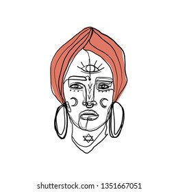 Continuous line of a boho woman. Portrait of a young ethnic girl or woman with esoteric symbols. One line drawing isolated on white background. 